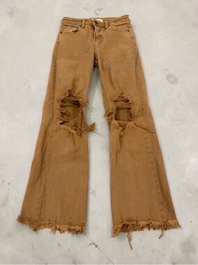 Risen High Rise Distressed Cropped Wide Leg Jeans Women 0/24 Tan Raw Hem Denim